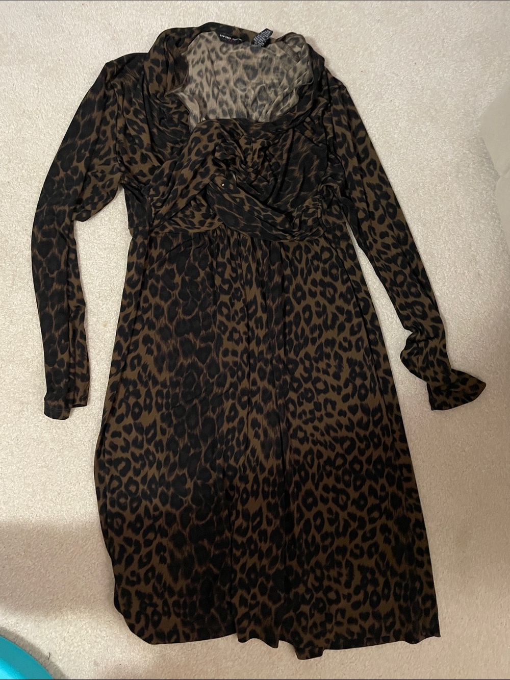New York & Company Brown and Black Leopard Print Long Sleeve Dress